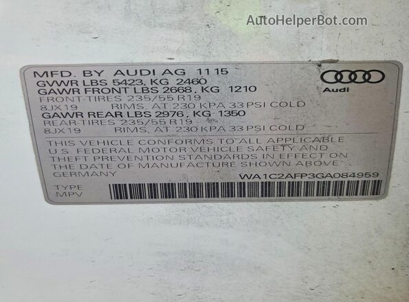 WA1C2AFP3GA084959 2016 AUDI Q5 White Vista del compartimento del motor