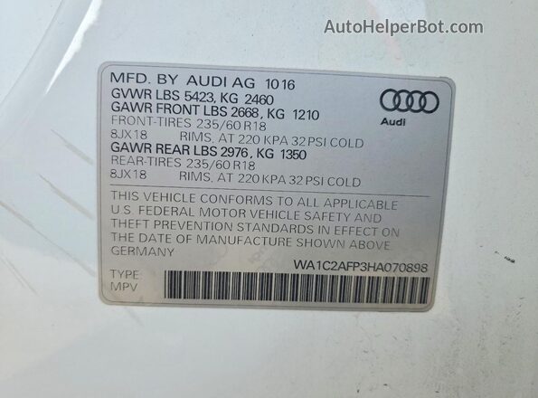 WA1C2AFP3HA070898 2017 AUDI Q5 White VIN კოდის სტიკერის ხედი