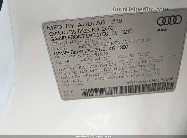 WA1C2AFP6HA094886 2017 AUDI Q5 White Вид підкапотного простору