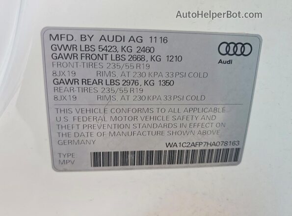 WA1C2AFP7HA078163 2017 AUDI Q5 Белый Вид наклейки с VIN-кодом