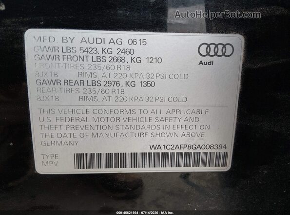 WA1C2AFP8GA008394 2016 AUDI Q5 Black Vista del compartimento del motor