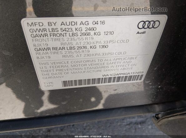 WA1C2AFP8GA137459 2016 AUDI Q5 Gray Շարժիչի բաժամունքի տեսք