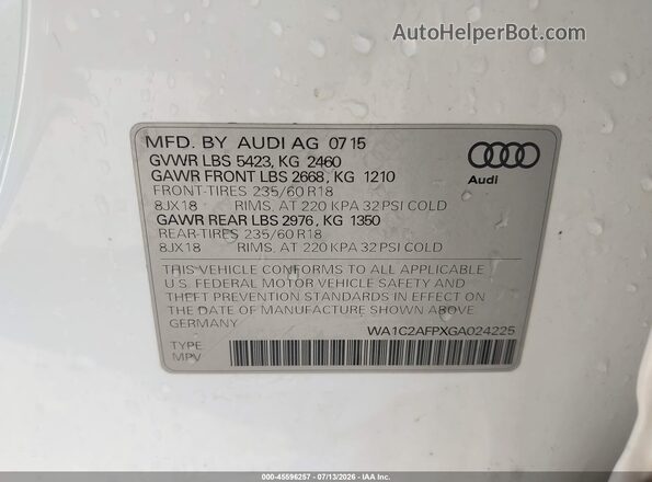 WA1C2AFPXGA024225 2016 AUDI Q5 White Vista del compartimento del motor
