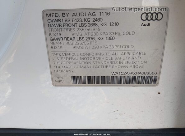 WA1C2AFPXHA083566 2017 AUDI Q5 White Շարժիչի բաժամունքի տեսք