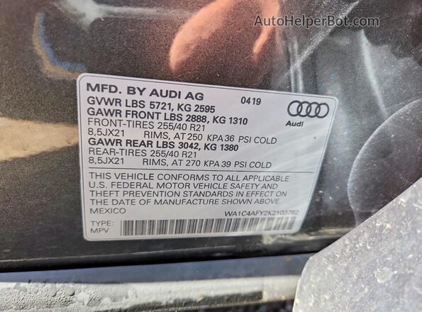 WA1C4AFY2K2103782 2019 AUDI SQ5 Gray Vista de la etiqueta del VIN