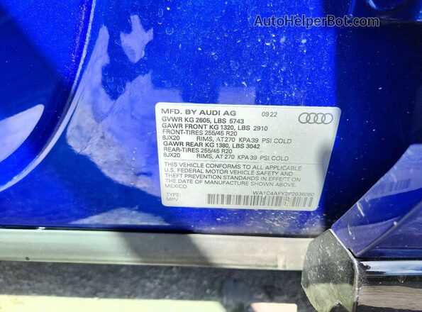 WA1C4AFY2P2036060 2023 AUDI SQ5 Blue Vista de la etiqueta del VIN