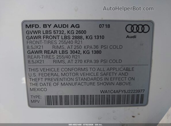 WA1C4AFY5J2223977 2018 AUDI SQ5 White Շարժիչի բաժամունքի տեսք