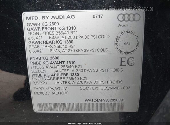 WA1C4AFY8J2028391 2018 AUDI SQ5 Black Vista del compartimento del motor
