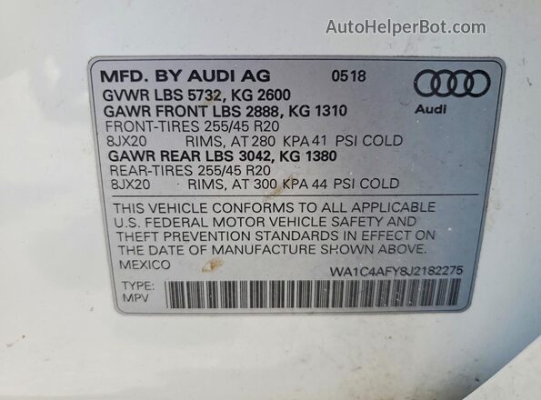 WA1C4AFY8J2182275 2018 AUDI SQ5 White VIN კოდის სტიკერის ხედი