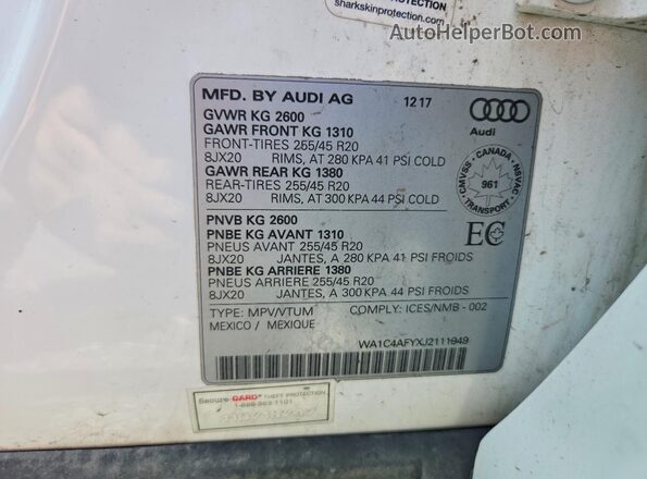 WA1C4AFYXJ2111949 2018 AUDI SQ5 White Вид наклейки з VIN-кодом