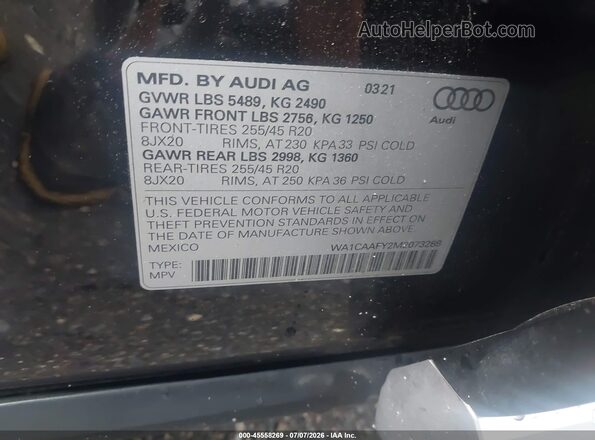 WA1CAAFY2M2073288 2021 AUDI Q5 Black Vista del compartimento del motor