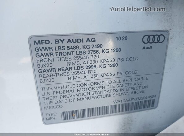 WA1CAAFYXM2014604 2021 AUDI Q5 White Շարժիչի բաժամունքի տեսք