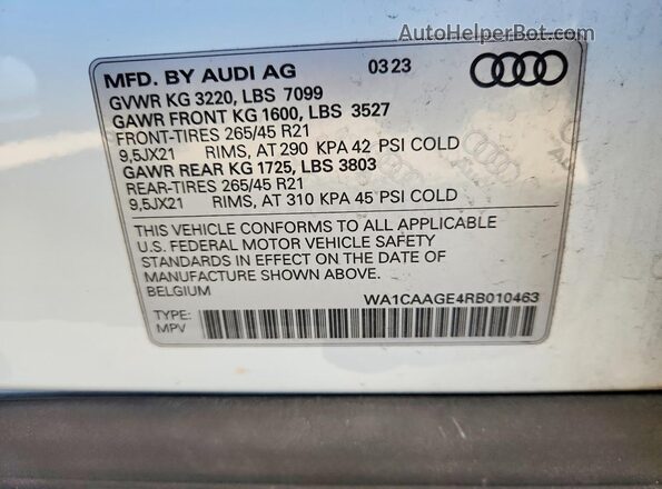 WA1CAAGE4RB010463 2024 AUDI Q8 Белый Вид наклейки с VIN-кодом