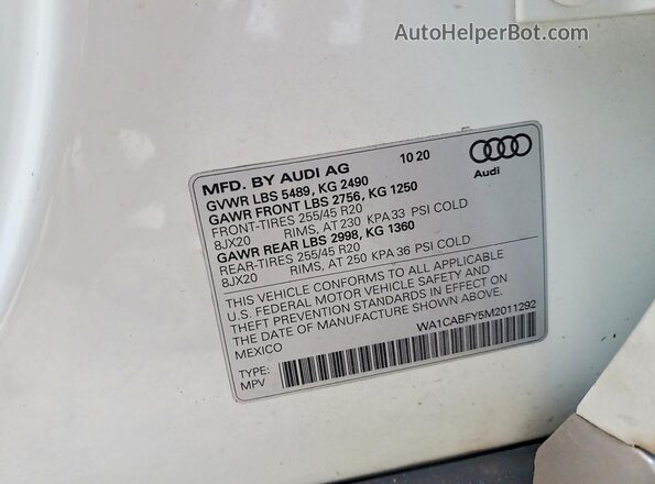 WA1CABFY5M2011292 2021 AUDI Q5 White VIN կոդի պիտակի տեսք