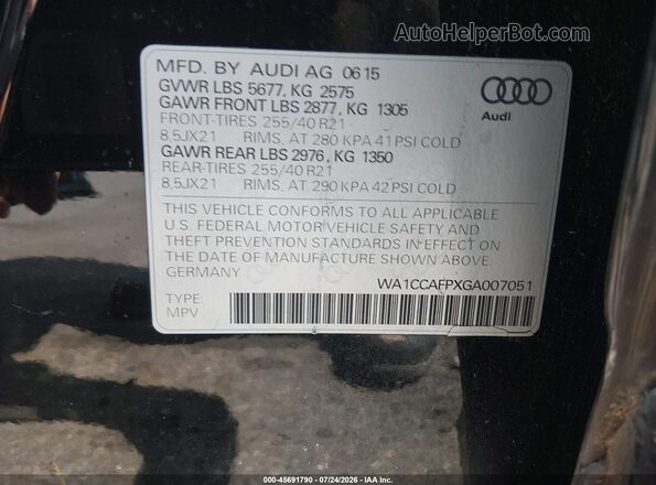 WA1CCAFPXGA007051 2016 AUDI SQ5 Black Vista del compartimento del motor