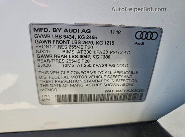 WA1CNAFY0K2020283 2019 AUDI Q5 White Widok naklejki z numerem VIN