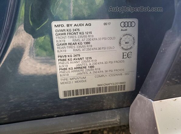 WA1CNAFY3J2016680 2018 AUDI Q5 Синий Вид наклейки с VIN-кодом