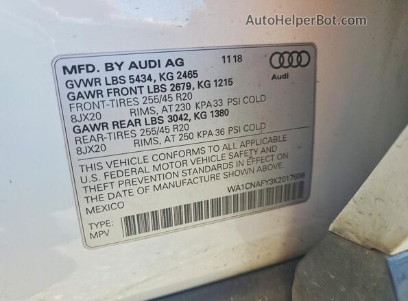 WA1CNAFY3K2017698 2019 AUDI Q5 White VIN კოდის სტიკერის ხედი