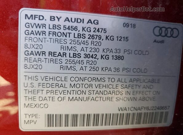 WA1CNAFY6J2248657 2018 AUDI Q5 Red Vista de la etiqueta del VIN