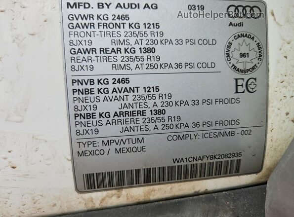 WA1CNAFY8K2082935 2019 AUDI Q5 White Widok naklejki z numerem VIN