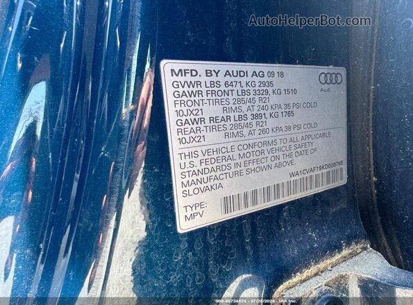 WA1CVAF19KD008785 2019 AUDI Q8 Blue Вид підкапотного простору
