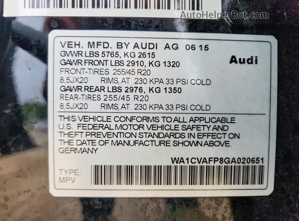 WA1CVAFP8GA020651 2016 AUDI Q5 Black VIN կոդի պիտակի տեսք