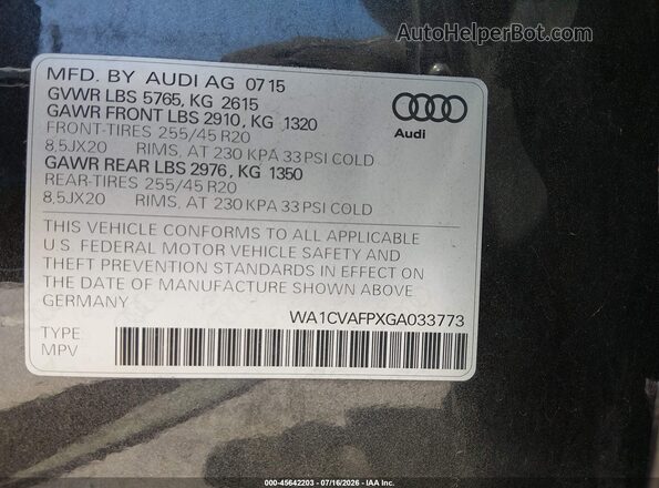 WA1CVAFPXGA033773 2016 AUDI Q5 Black Widok komory silnika