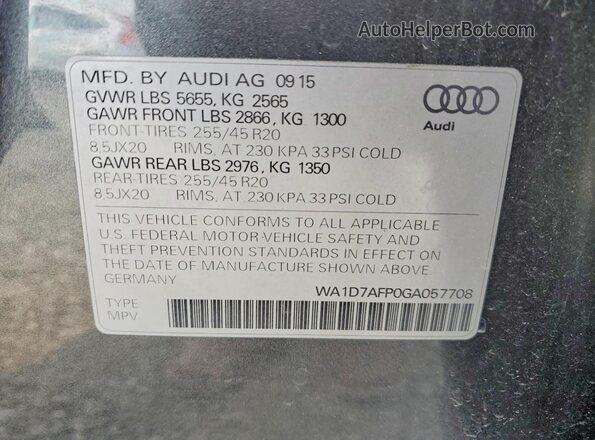WA1D7AFP0GA057708 2016 AUDI Q5 Gray Vista de la etiqueta del VIN