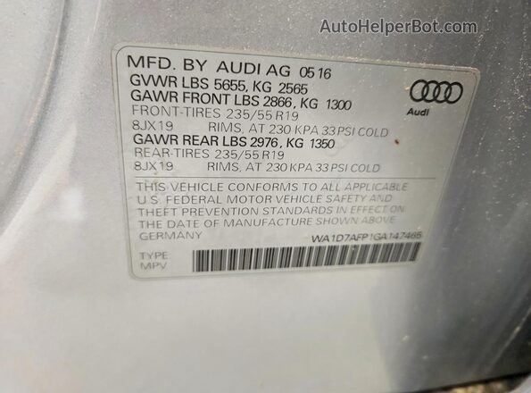 WA1D7AFP1GA147465 2016 AUDI Q5 Silver Widok naklejki z numerem VIN
