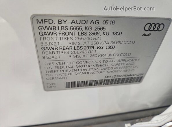 WA1D7AFP5HA001264 2017 AUDI Q5 White Вид наклейки з VIN-кодом