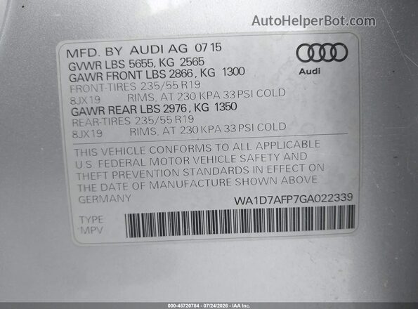 WA1D7AFP7GA022339 2016 AUDI Q5 Silver Vista del compartimento del motor