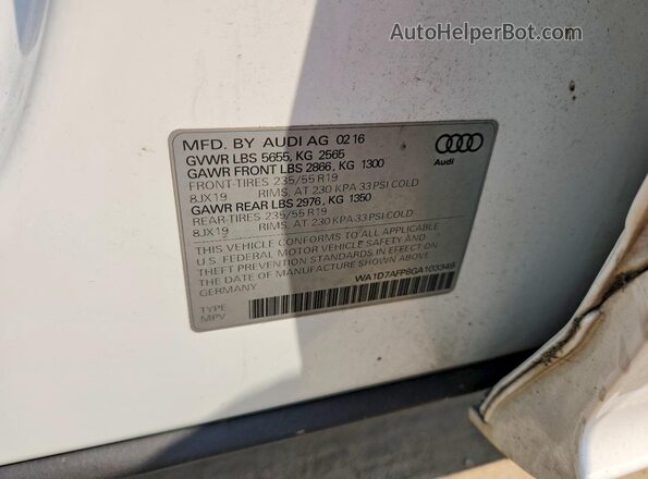 WA1D7AFP8GA103348 2016 AUDI Q5 White VIN კოდის სტიკერის ხედი