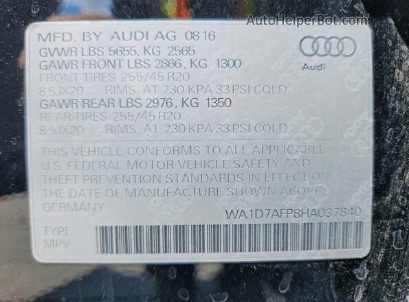 WA1D7AFP8HA037840 2017 AUDI Q5 Черный Вид наклейки с VIN-кодом