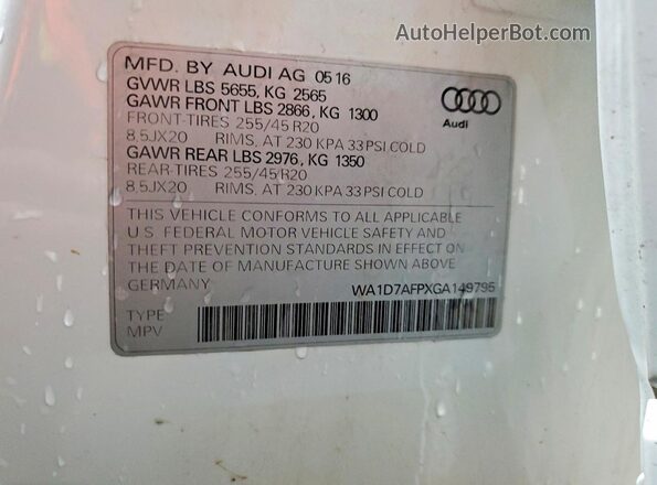 WA1D7AFPXGA149795 2016 AUDI Q5 White VIN կոդի պիտակի տեսք