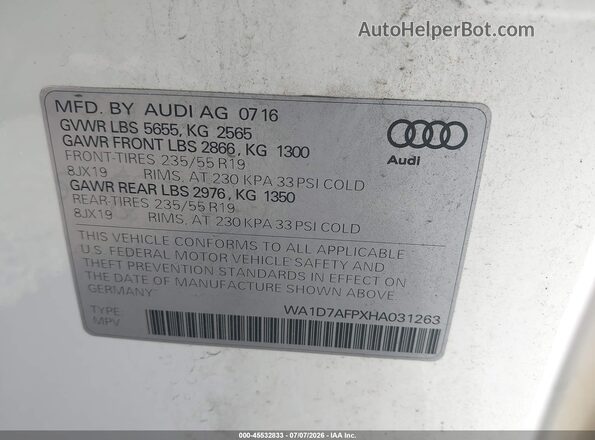 WA1D7AFPXHA031263 2017 AUDI Q5 White Engine compartment view