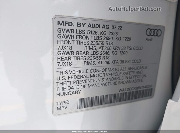 WA1DECF30N1149252 2022 AUDI Q3 White ძრავის განყოფილების ხედი