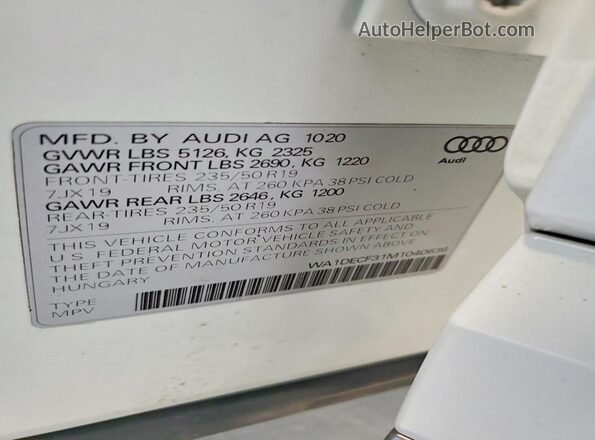 WA1DECF31M1040636 2021 AUDI Q3 White VIN კოდის სტიკერის ხედი