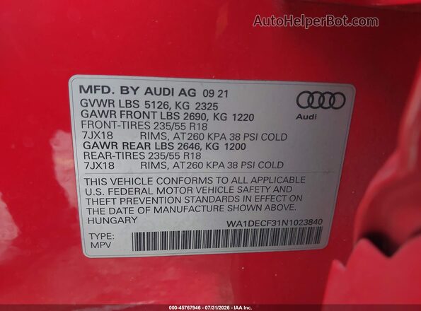 WA1DECF31N1023840 2022 AUDI Q3 Red Շարժիչի բաժամունքի տեսք