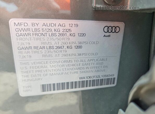 WA1DECF32L1058349 2020 AUDI Q3 Gray Vista interior de 360 grados