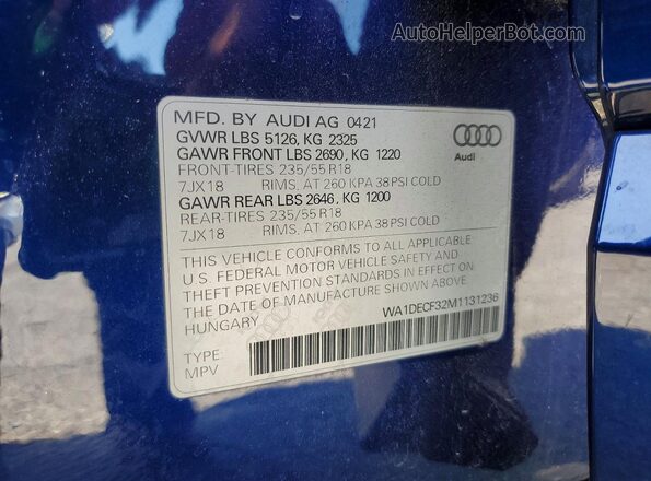 WA1DECF32M1131236 2021 AUDI Q3 Blue Vista de la etiqueta del VIN