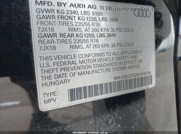 WA1DECF32S1018786 2025 AUDI Q3 Black Vista del compartimento del motor