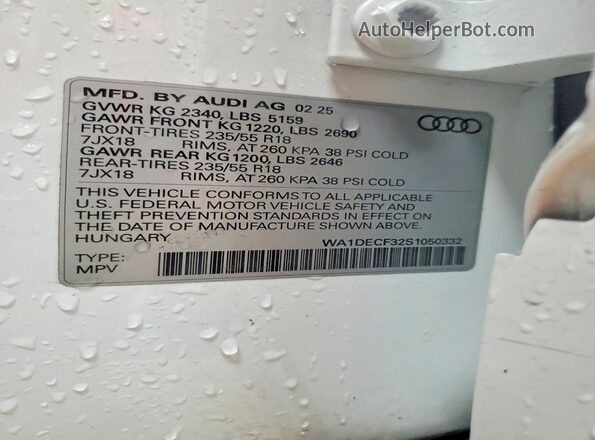 WA1DECF32S1050332 2025 AUDI Q3 White Вид наклейки з VIN-кодом