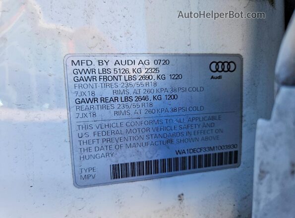 WA1DECF33M1003930 2021 AUDI Q3 White VIN კოდის სტიკერის ხედი
