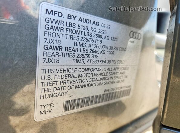 WA1DECF33N1114060 2022 AUDI Q3 Серый Вид наклейки с VIN-кодом