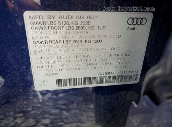 WA1DECF34M1138513 2021 AUDI Q3 Blue VIN կոդի պիտակի տեսք