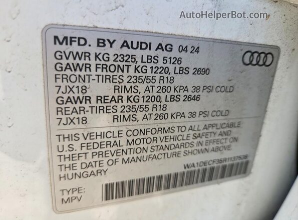 WA1DECF35R1137538 2024 AUDI Q3 White VIN კოდის სტიკერის ხედი