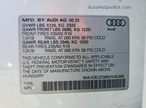 WA1DECF36N1145366 2022 AUDI Q3 White Սալոնի 360 աստիճան տեսք