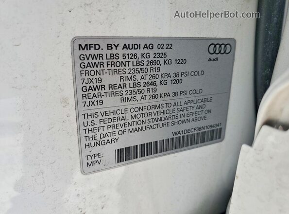WA1DECF38N1094341 2022 AUDI Q3 White Widok naklejki z numerem VIN
