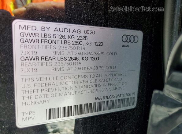 WA1DECF39M1030615 2021 AUDI Q3 Black VIN sticker view
