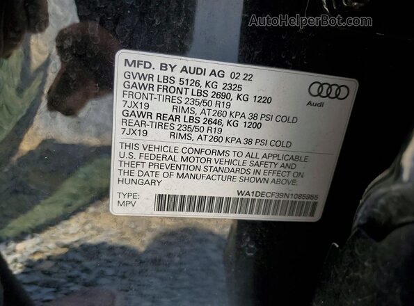 WA1DECF39N1085955 2022 AUDI Q3 Black Widok naklejki z numerem VIN